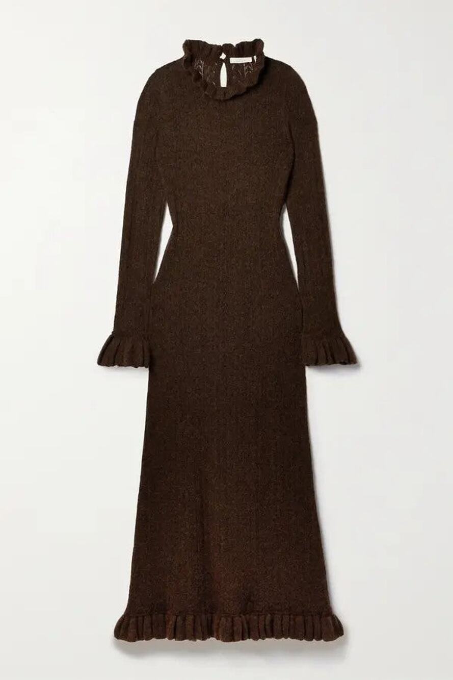 DÔEN Estella Ruffled Pointelle Knit Alpaca Blend Midi Dress - S